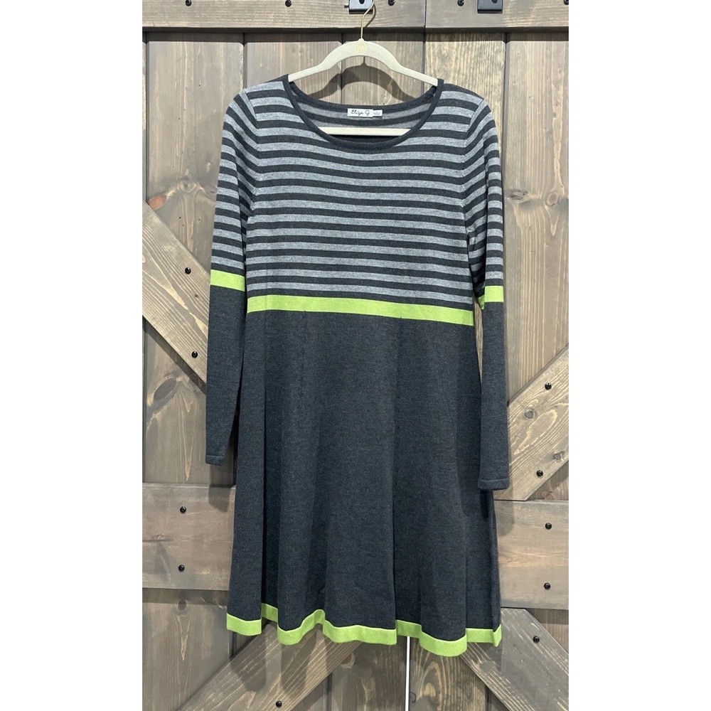 Eliza J Acrylic‎ Striped Sweater Dress Gray Green Crewneck Long Sleeve Women's L